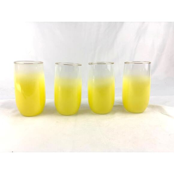 Mid Century Vintage Blendo Yellow Frosted Glass Cocktail Set of 4 Gold Rim 1950s - Picture 1 of 16